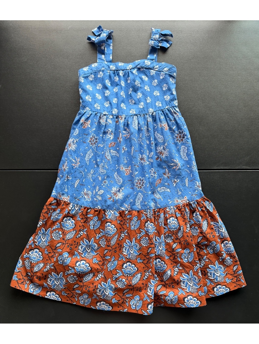Janie and Jack Girls Dress Size 4 Blue Rust Floral Bow Strap Cotton Sundress